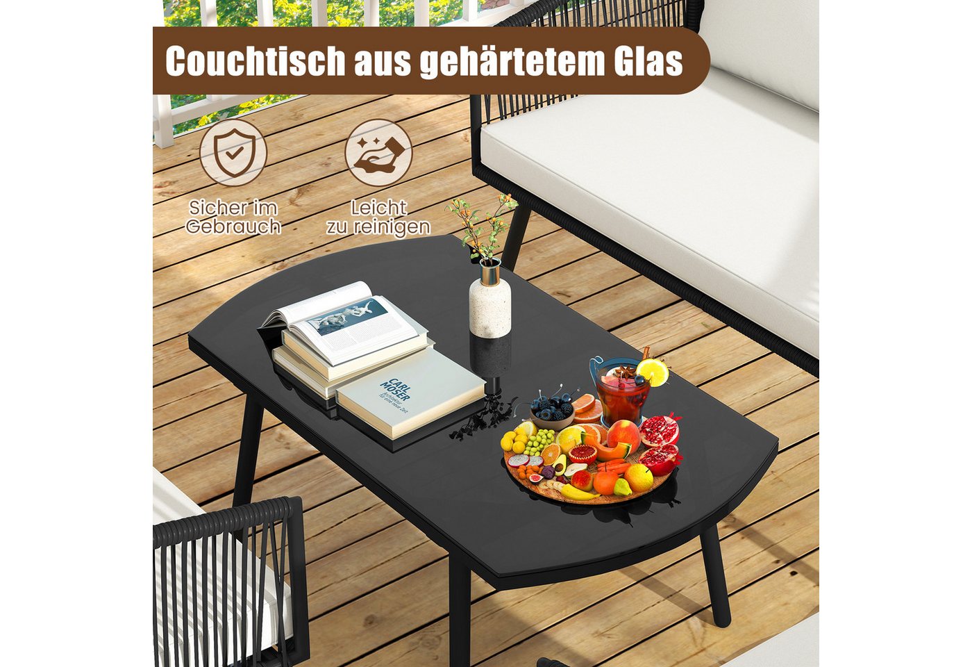 COSTWAY Gartenlounge-Set, (4-tlg), mit Esstisch, Balkonset 4 Personen mit Kissen – Bild 5 von 5