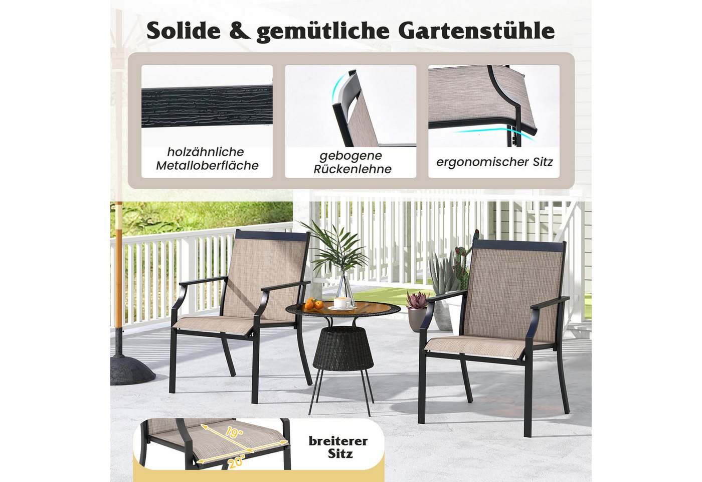 COSTWAY Gartenstuhl (2 St), 50 cm breitere Sitzfläche, mit Armlehne – Bild 3 von 5