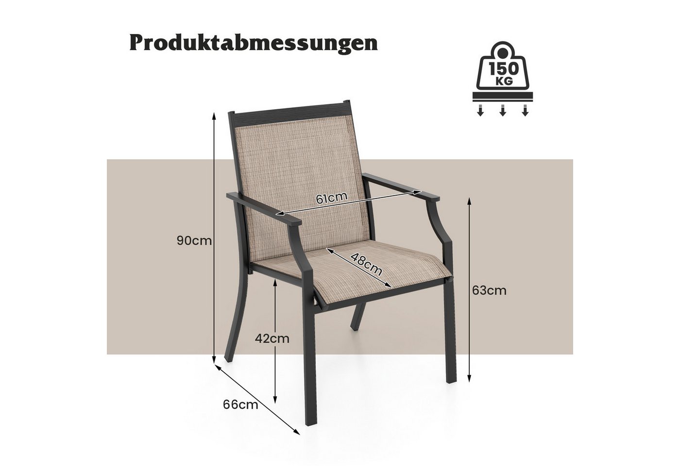 COSTWAY Gartenstuhl (2 St), 50 cm breitere Sitzfläche, mit Armlehne – Bild 4 von 5
