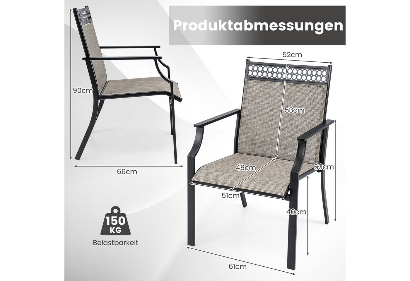 COSTWAY Gartenstuhl Balkonstühle (2 St), Metall, 51x49cm Sitzfläche, bis 150kg belastbar – Bild 5 von 5