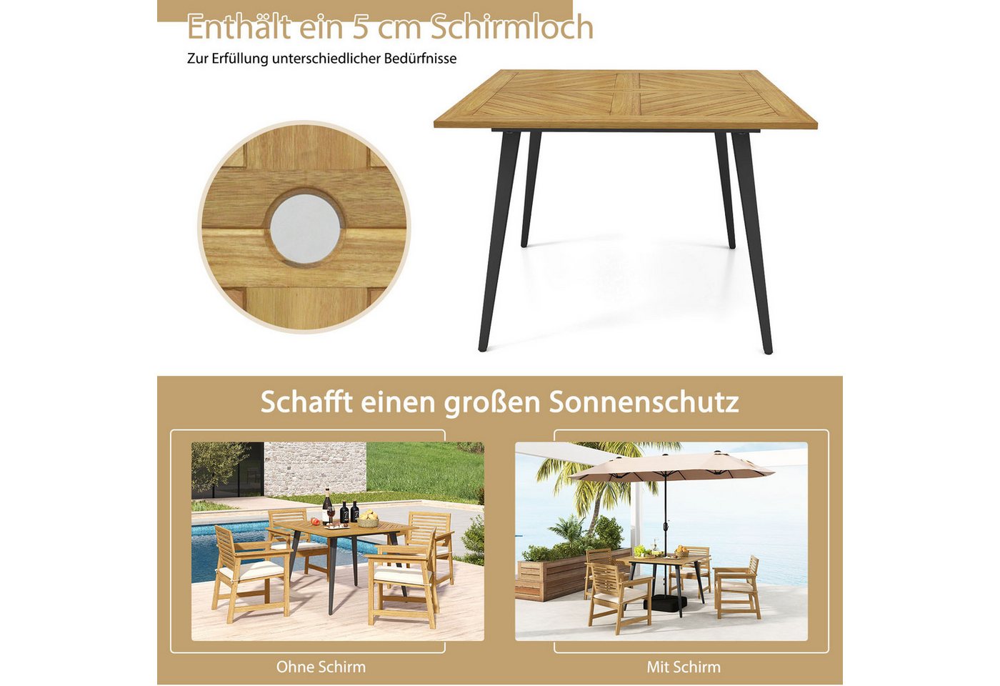 COSTWAY Gartentisch, Akazienholz mit Schirmloch, 107x107cm Balkontisch rechteckig – Bild 2 von 5