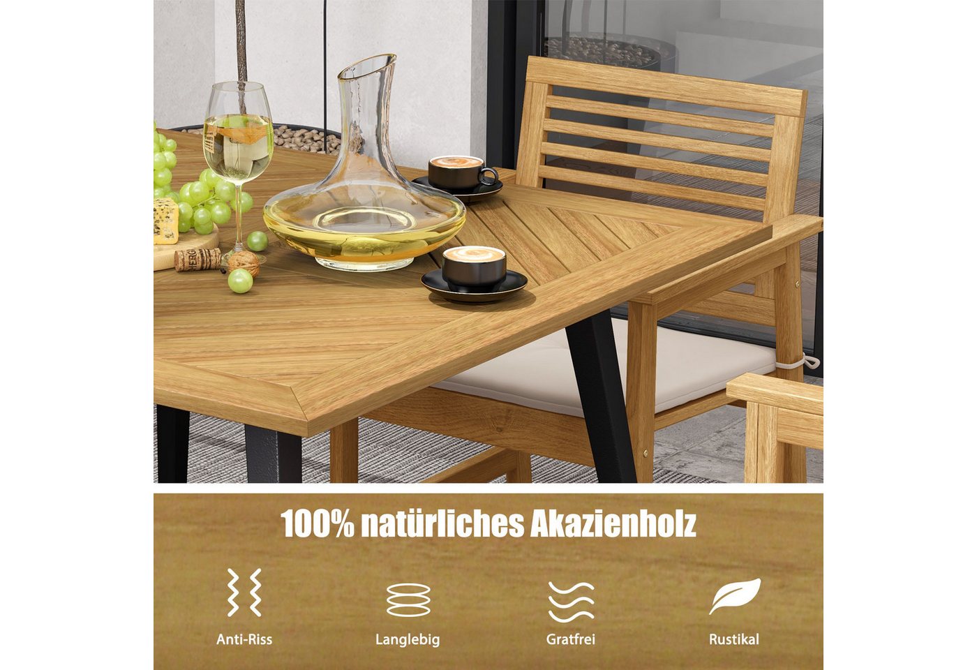 COSTWAY Gartentisch, Akazienholz mit Schirmloch, 107x107cm Balkontisch rechteckig – Bild 3 von 5