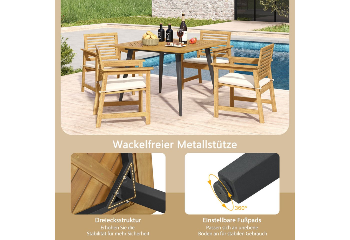 COSTWAY Gartentisch, Akazienholz mit Schirmloch, 107x107cm Balkontisch rechteckig – Bild 4 von 5