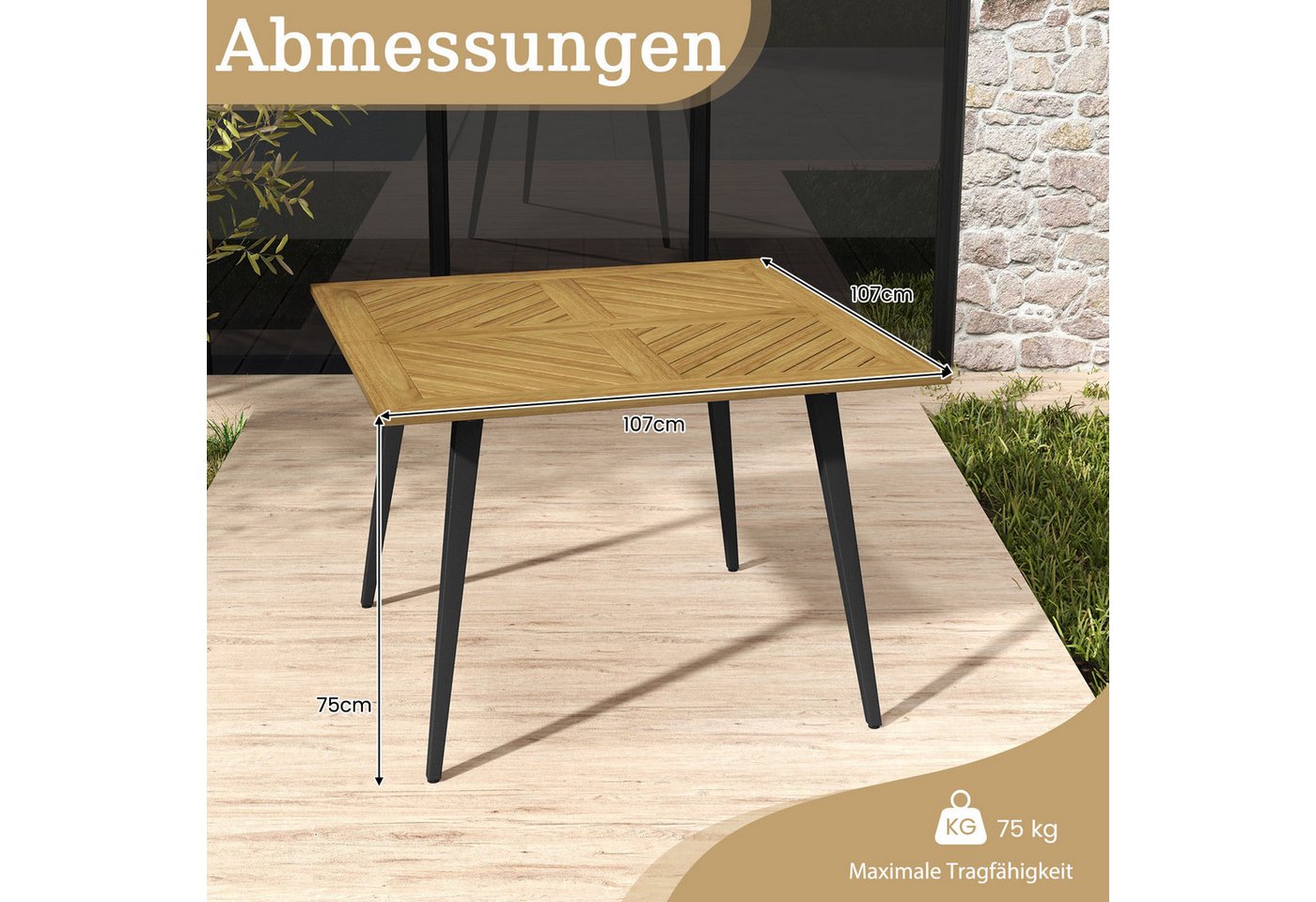 COSTWAY Gartentisch, Akazienholz mit Schirmloch, 107x107cm Balkontisch rechteckig – Bild 5 von 5