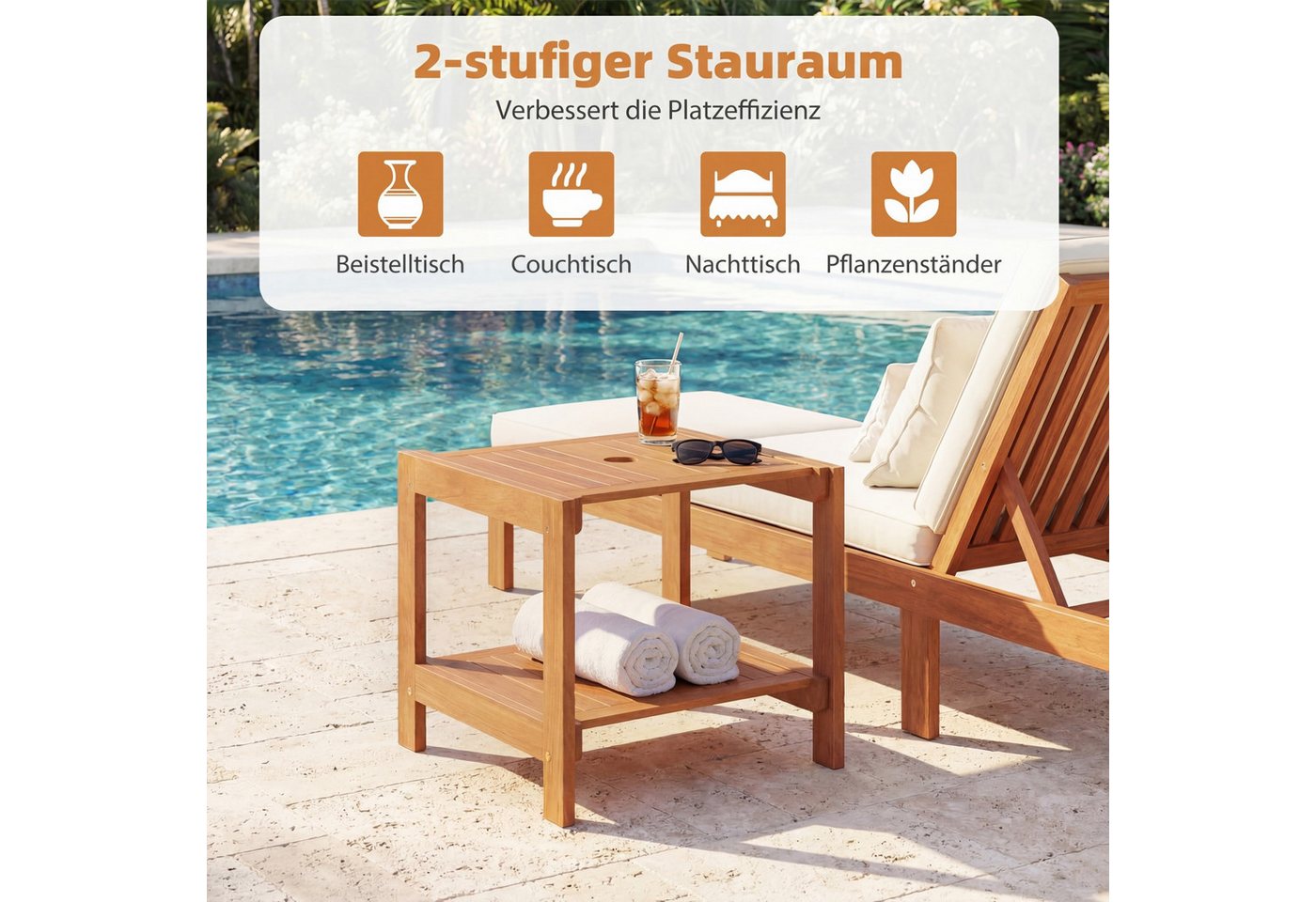 COSTWAY Gartentisch, Beistelltisch Holz wetterfest, Kleiner Balkontisch – Bild 4 von 5