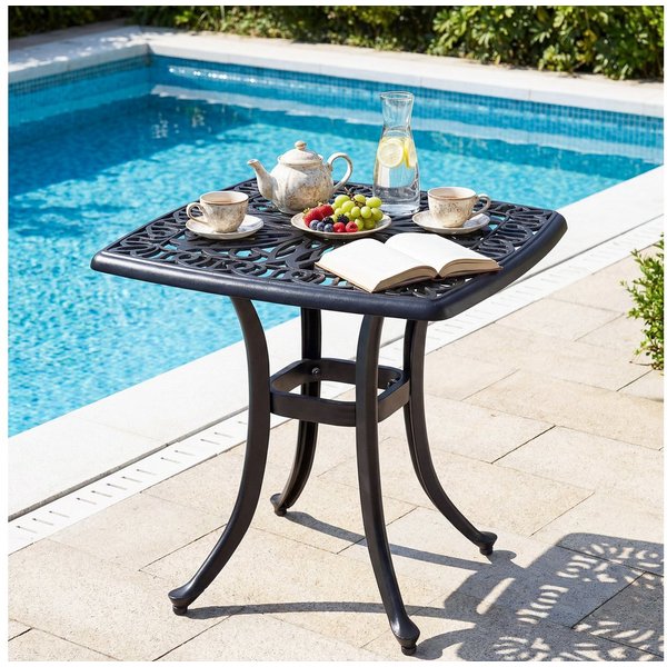 COSTWAY Gartentisch, wetterfester Balkontisch mit Schirmloch, Fußpolstern