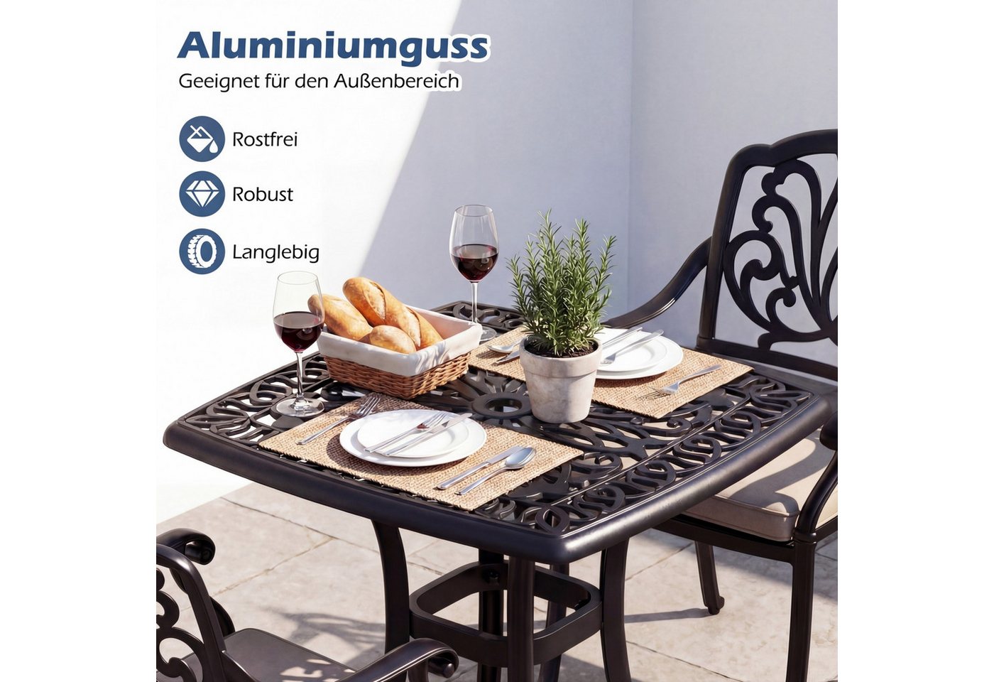 COSTWAY Gartentisch, wetterfester Balkontisch mit Schirmloch, Fußpolstern – Bild 2 von 5