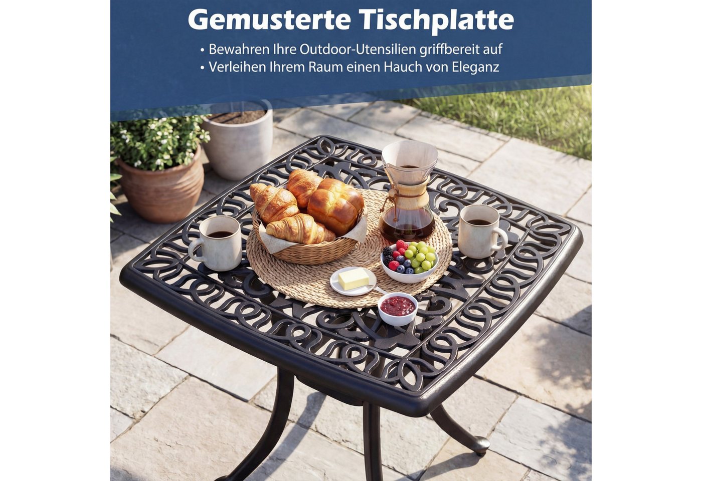 COSTWAY Gartentisch, wetterfester Balkontisch mit Schirmloch, Fußpolstern – Bild 5 von 5