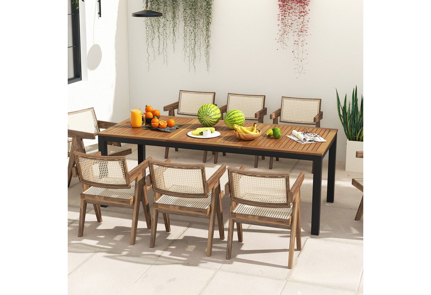 COSTWAY Gartentisch, Akazienholz Esstisch für 8 Personen, mit Schirmloch 200cm – Bild 2 von 5