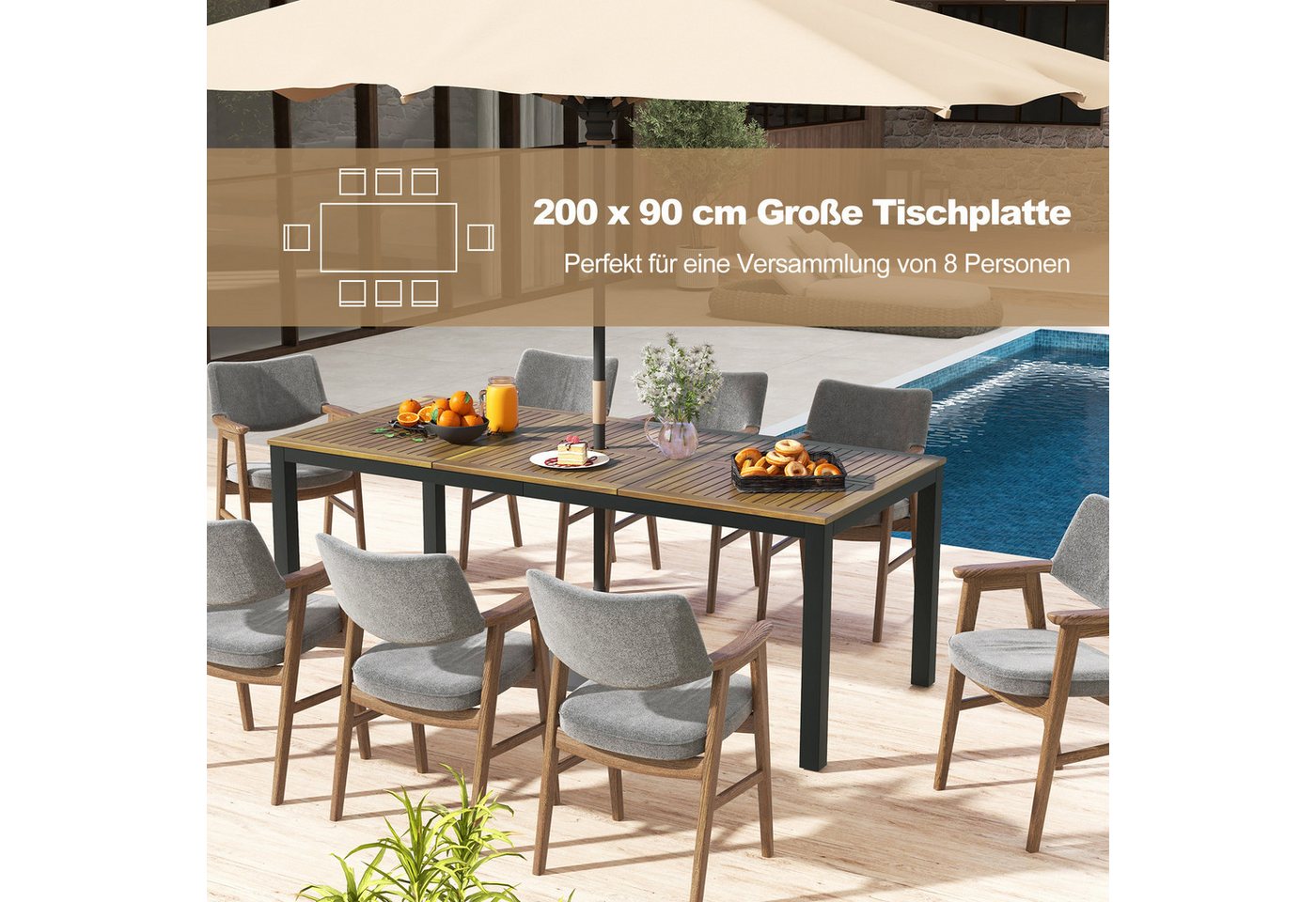 COSTWAY Gartentisch, Akazienholz Esstisch für 8 Personen, mit Schirmloch 200cm – Bild 3 von 5