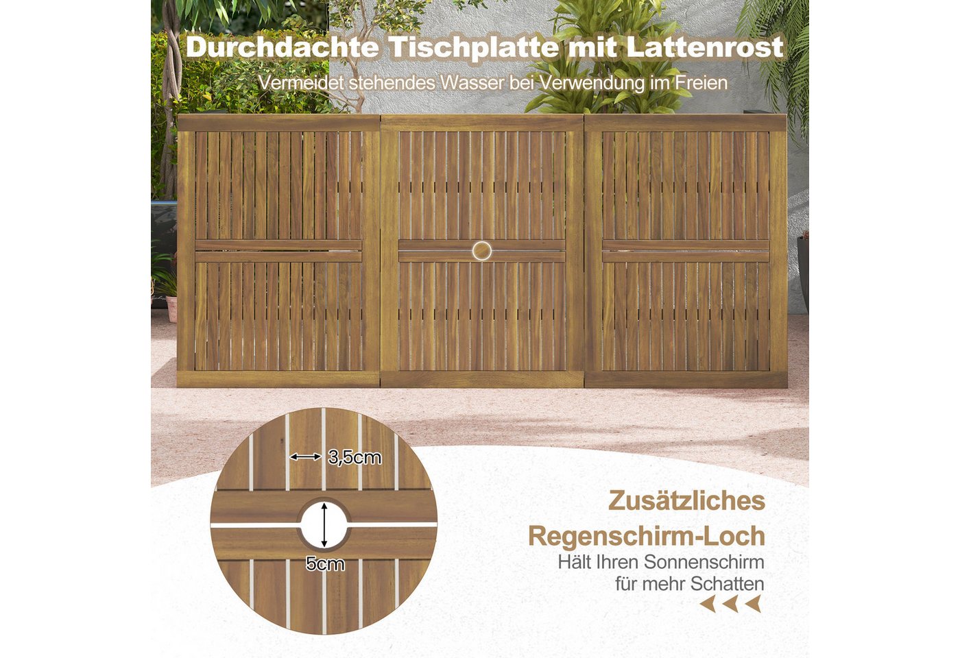 COSTWAY Gartentisch, Akazienholz Esstisch für 8 Personen, mit Schirmloch 200cm – Bild 4 von 5