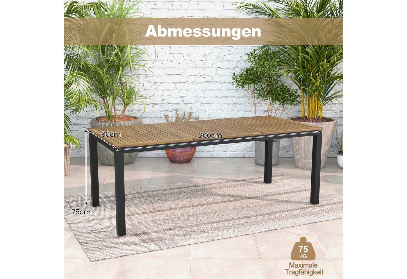COSTWAY Gartentisch, Akazienholz Esstisch für 8 Personen, mit Schirmloch 200cm – Bild 5 von 5