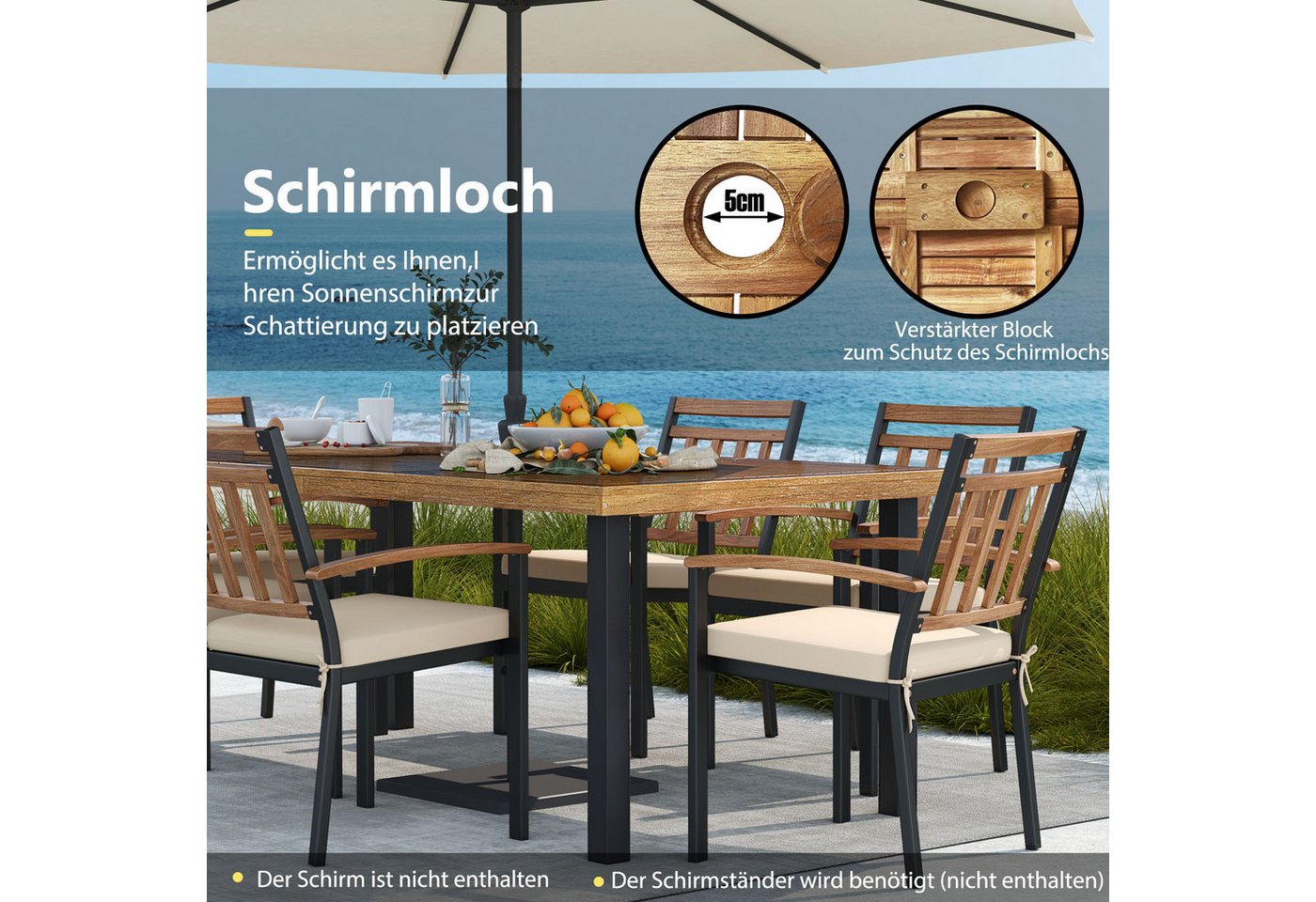 COSTWAY Gartentisch mit 5cm Schirmloch, rechteckig 200cm, Akazie, Esstisch für 8 Personen – Bild 3 von 5