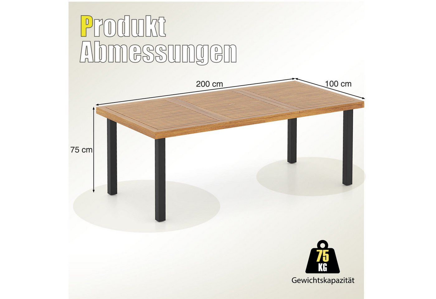 COSTWAY Gartentisch mit 5cm Schirmloch, rechteckig 200cm, Akazie, Esstisch für 8 Personen – Bild 5 von 5