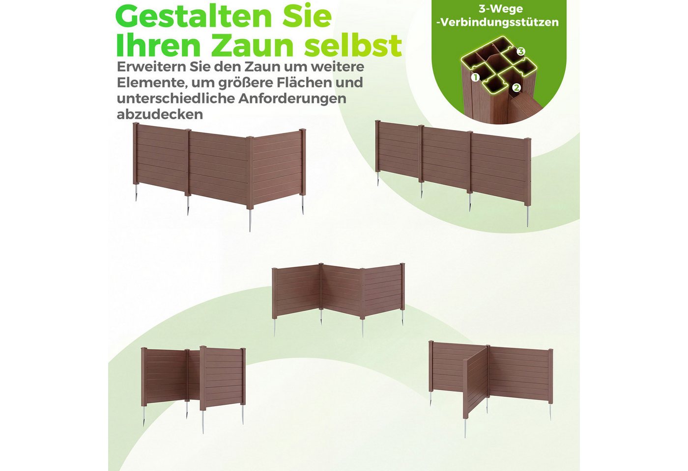 COSTWAY Gartenzaun, Lamellenzaun aus PP, Steckzaun mit 4 Pfählen, 122x95 cm – Bild 3 von 5