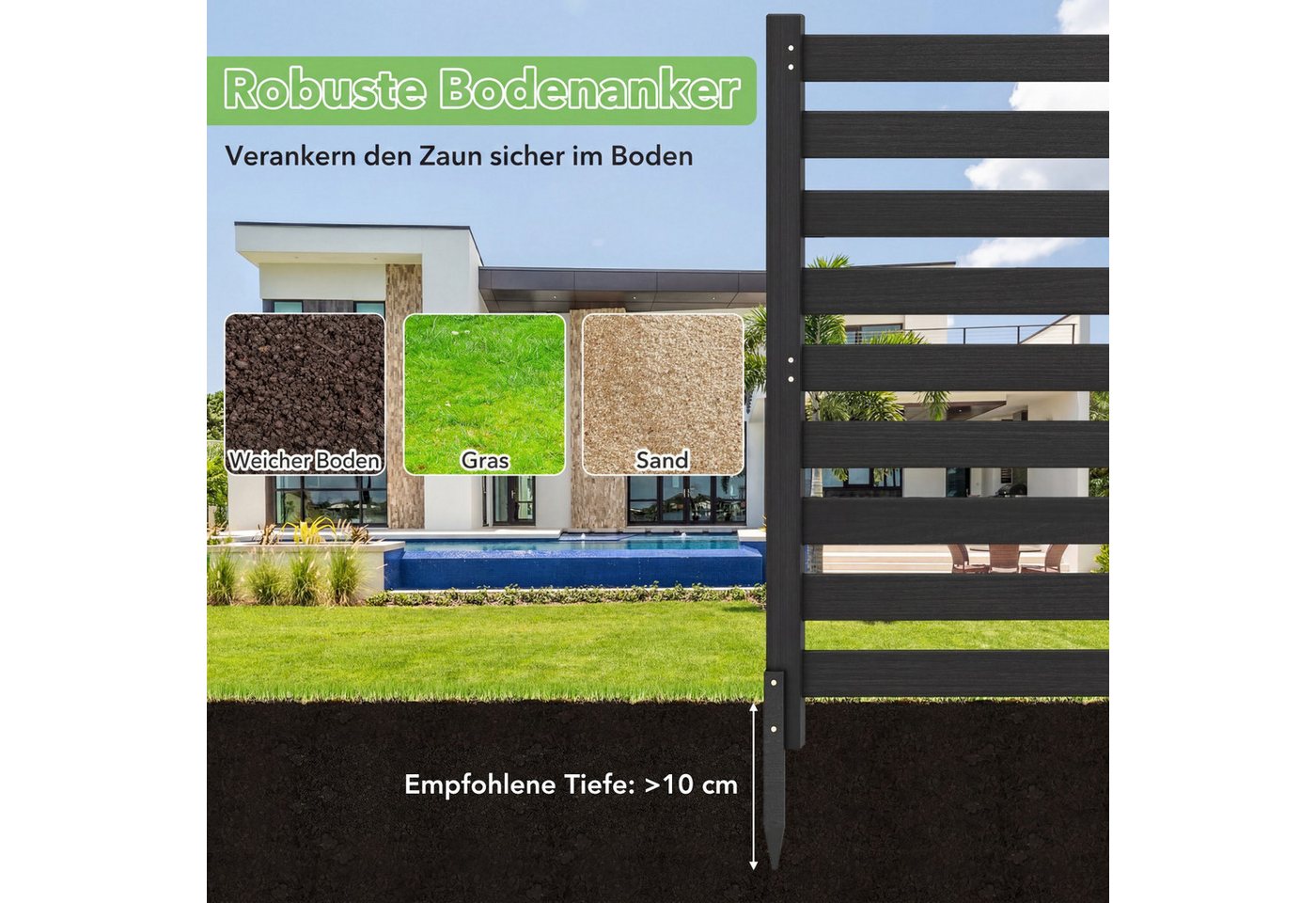 COSTWAY Gartenzaun, Zaun mit 3 Pfählen, Steckzaun Lamellenzaun – Bild 5 von 5