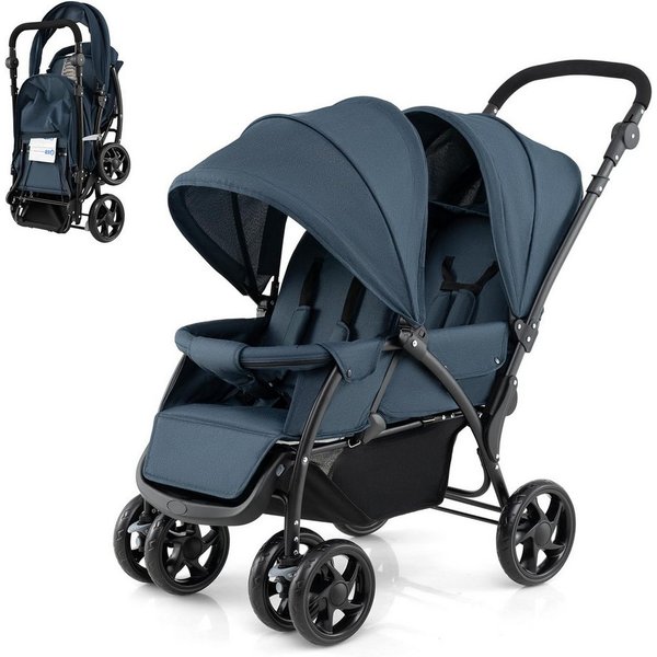 COSTWAY Geschwisterwagen Zwillingsbuggy, mit 5-Punkt Gurt & Einkaufskorb