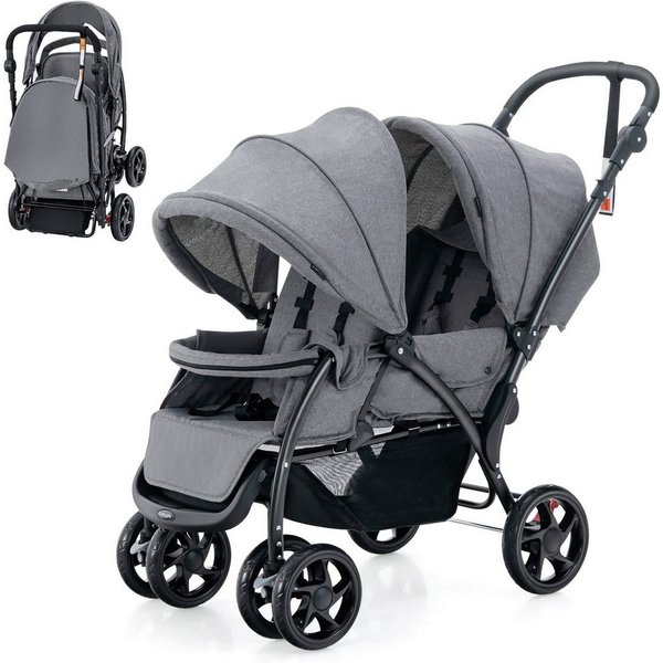 COSTWAY Geschwisterwagen Zwillingsbuggy, mit 5-Punkt Gurt & Einkaufskorb