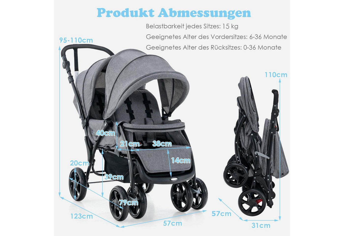 COSTWAY Geschwisterwagen Zwillingsbuggy, mit 5-Punkt Gurt & Einkaufskorb – Bild 2 von 5