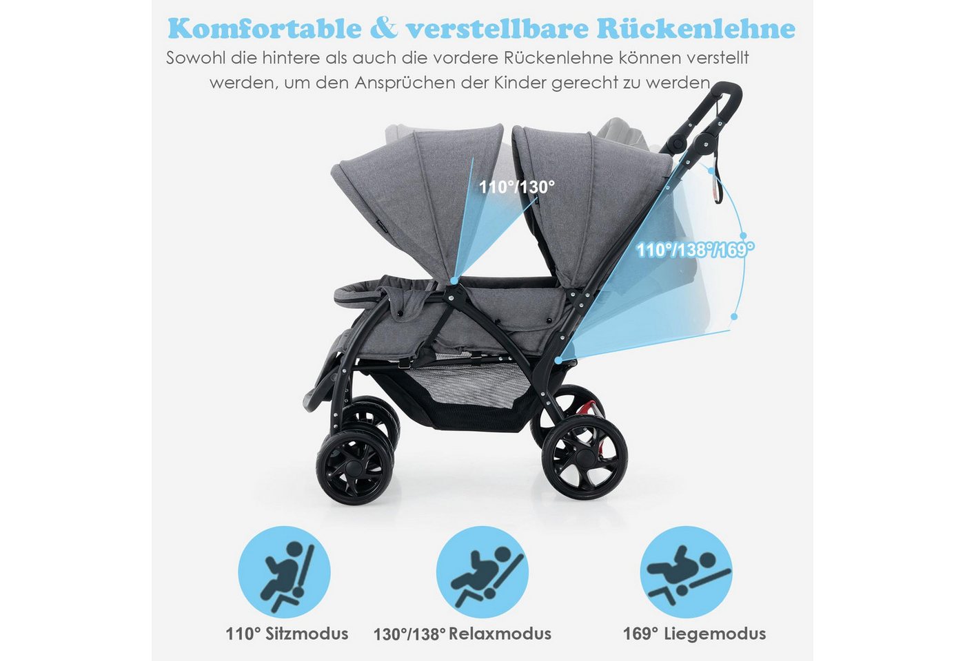 COSTWAY Geschwisterwagen Zwillingsbuggy, mit 5-Punkt Gurt & Einkaufskorb – Bild 3 von 5