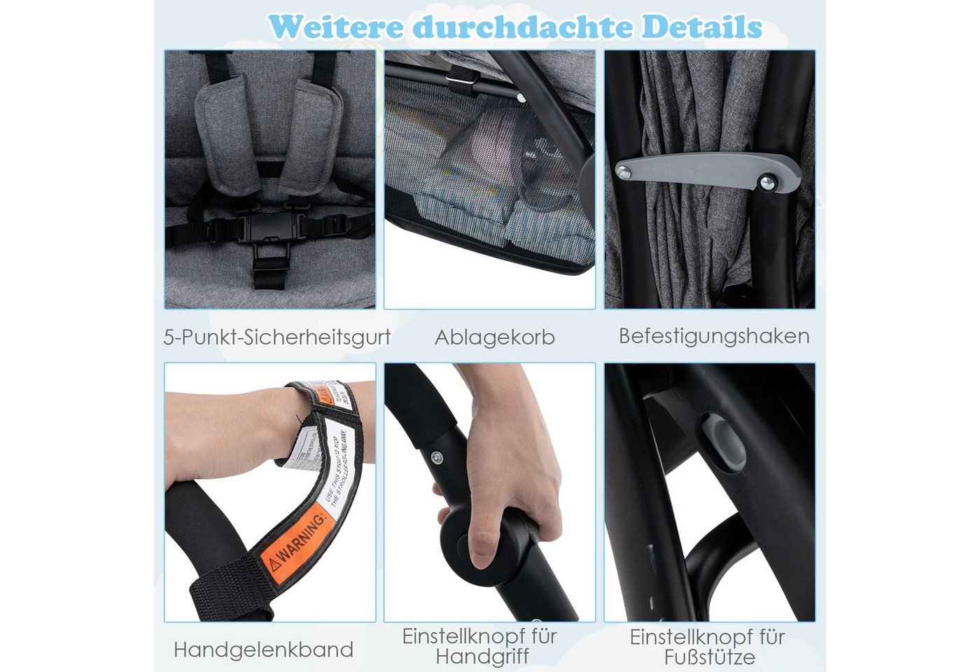 COSTWAY Geschwisterwagen Zwillingsbuggy, mit 5-Punkt Gurt & Einkaufskorb – Bild 4 von 5
