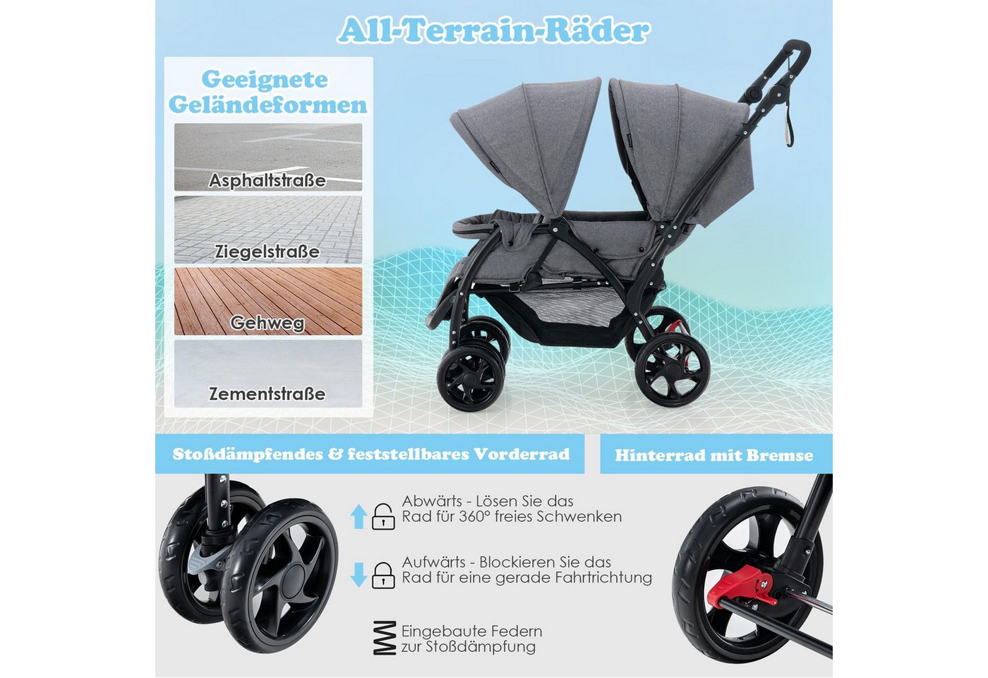 COSTWAY Geschwisterwagen Zwillingsbuggy, mit 5-Punkt Gurt & Einkaufskorb – Bild 5 von 5