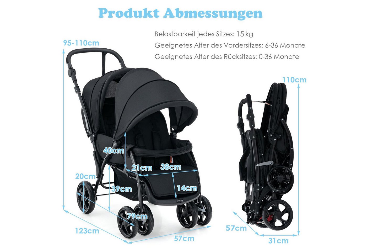 COSTWAY Geschwisterwagen Zwillingsbuggy, mit 5-Punkt Gurt & Einkaufskorb – Bild 2 von 5