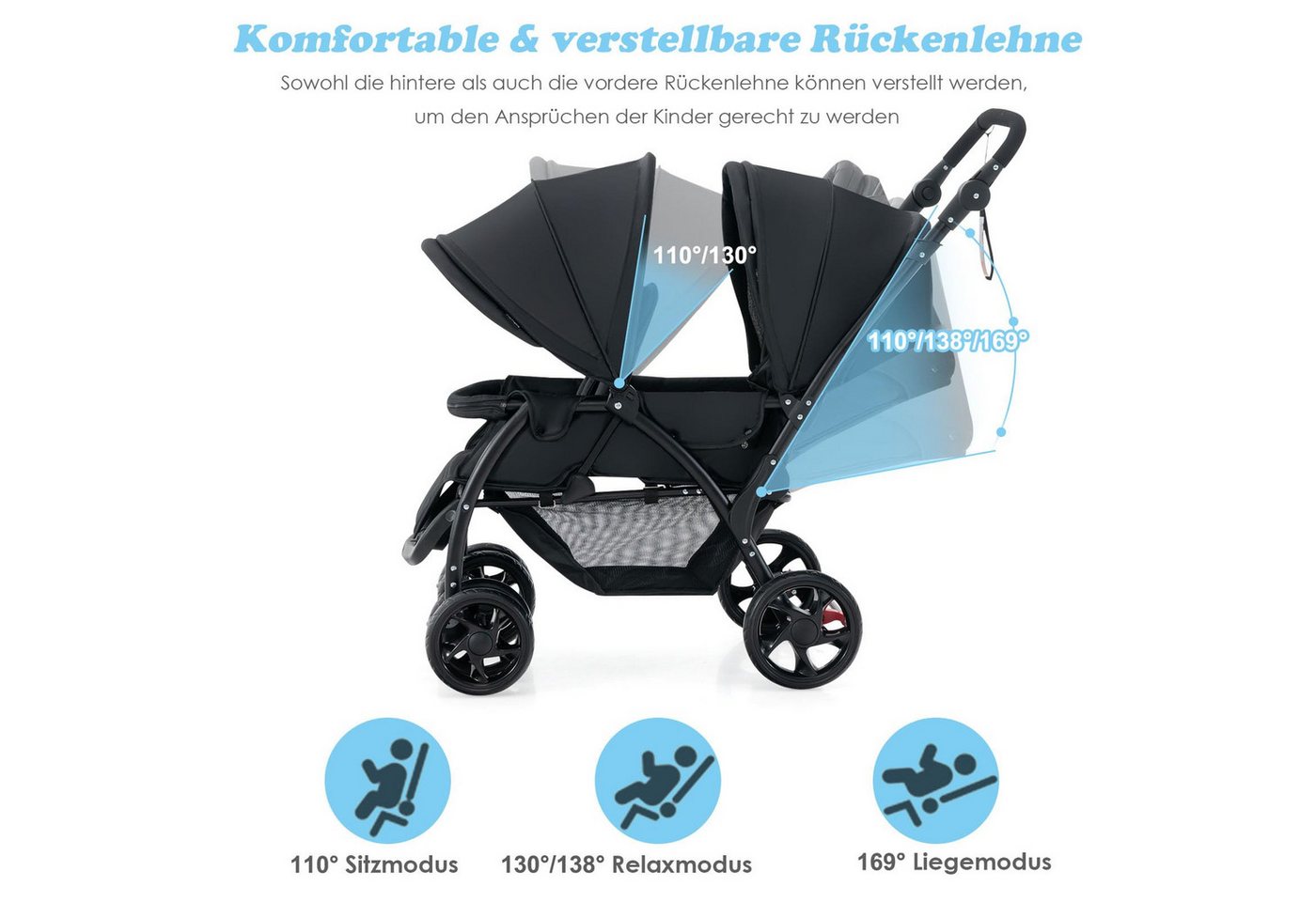 COSTWAY Geschwisterwagen Zwillingsbuggy, mit 5-Punkt Gurt & Einkaufskorb – Bild 3 von 5