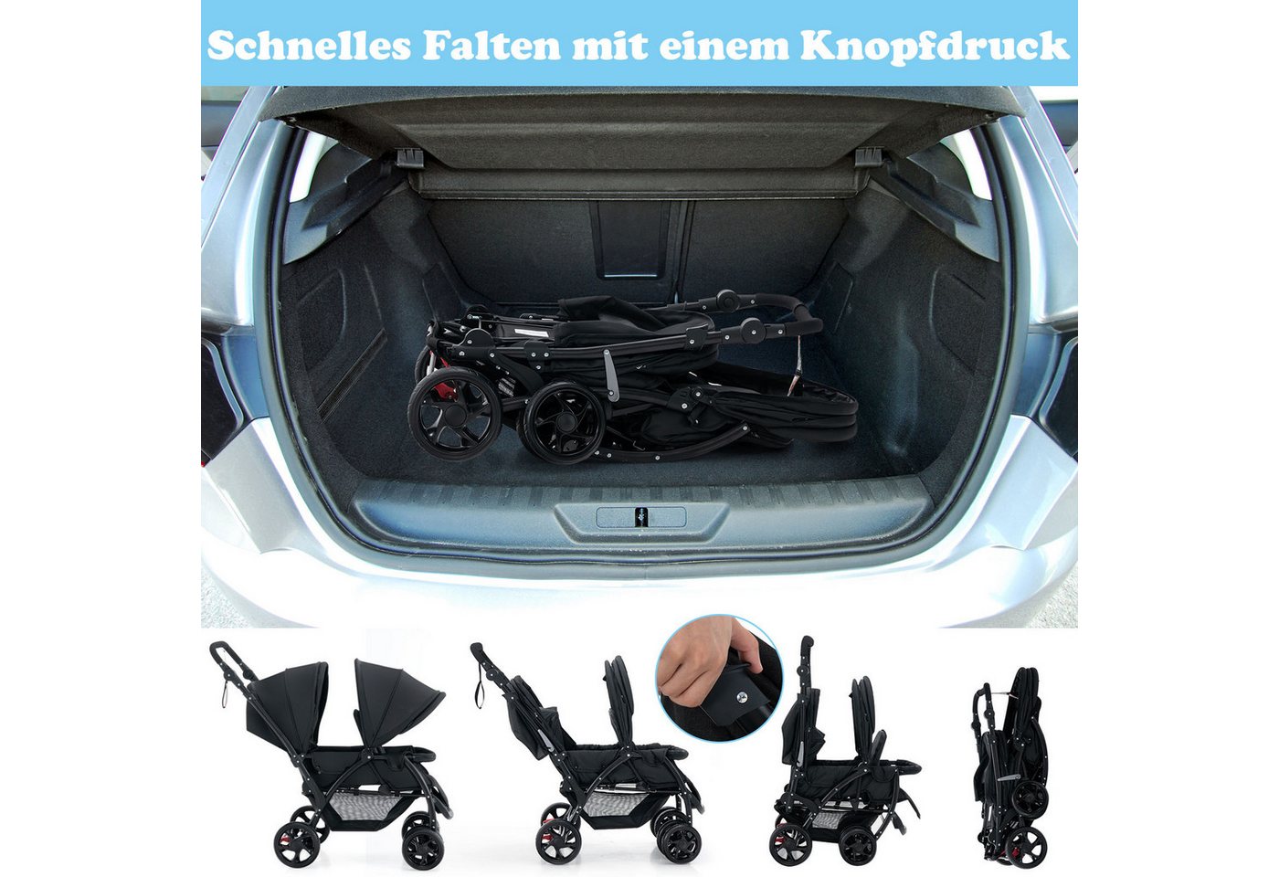 COSTWAY Geschwisterwagen Zwillingsbuggy, mit 5-Punkt Gurt & Einkaufskorb – Bild 4 von 5