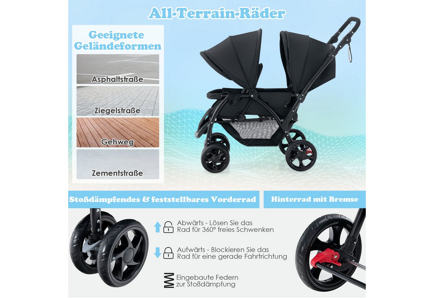 COSTWAY Geschwisterwagen Zwillingsbuggy, mit 5-Punkt Gurt & Einkaufskorb – Bild 5 von 5
