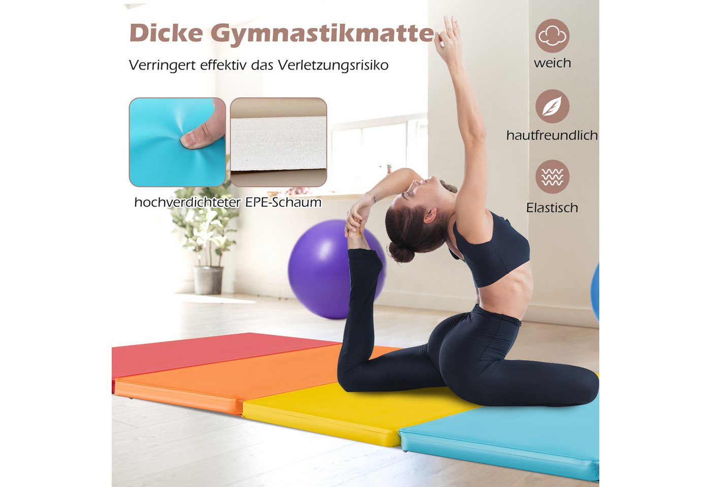 COSTWAY Gymnastikmatte, Turnmatte klappbar, 200 x 75cm – Bild 3 von 5