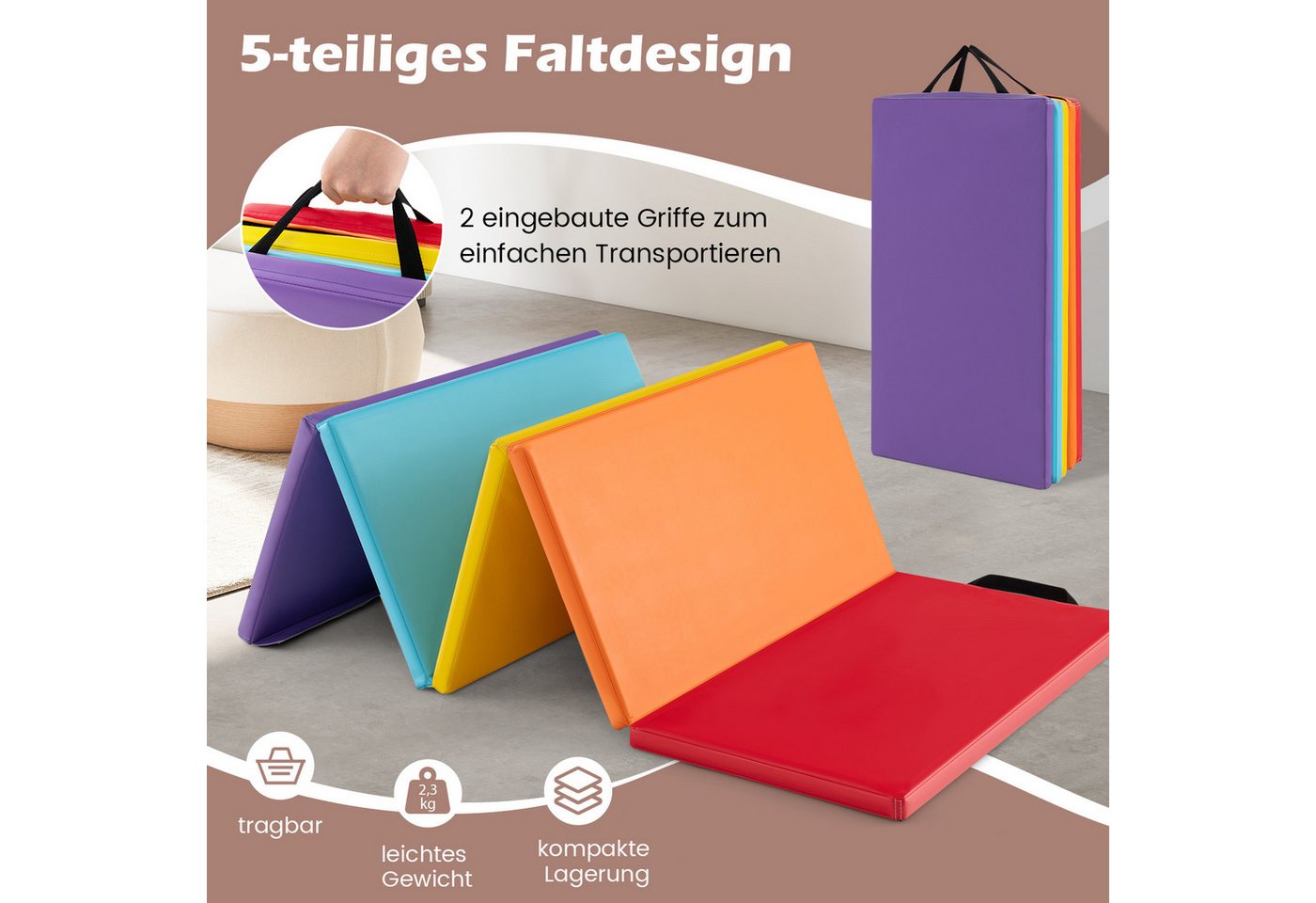 COSTWAY Gymnastikmatte, Turnmatte klappbar, 200 x 75cm – Bild 4 von 5