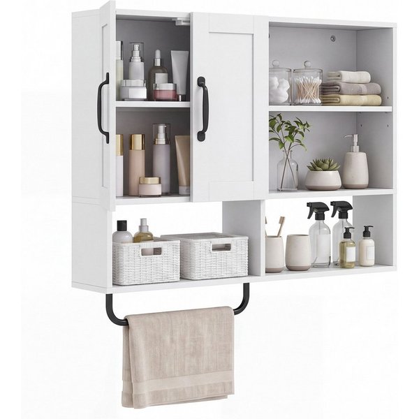 COSTWAY Hängeschrank Badezimmerschrank mit Handtuchhalter, Fächern Wandschrank Holz