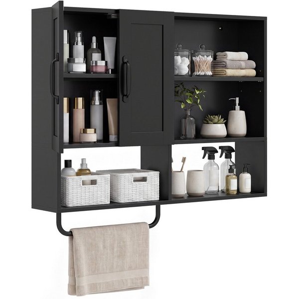 COSTWAY Hängeschrank Badezimmerschrank mit Handtuchhalter, Fächern Wandschrank Holz