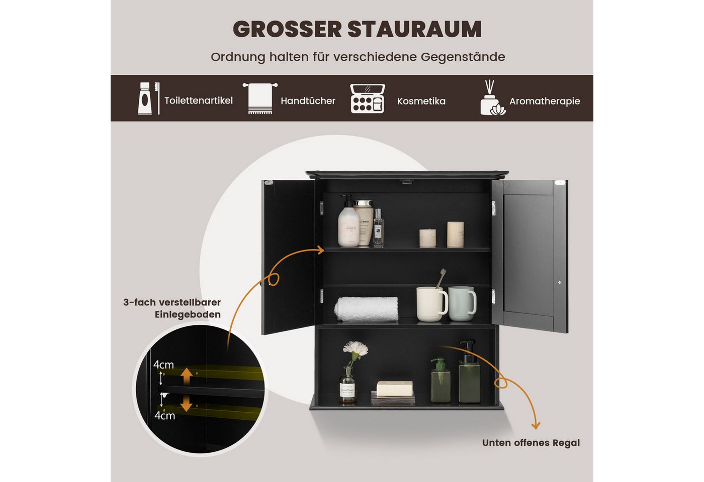 COSTWAY Hängeschrank Badschrank, mit Tür & verstellbarer Ablage, wandmontage – Bild 3 von 5