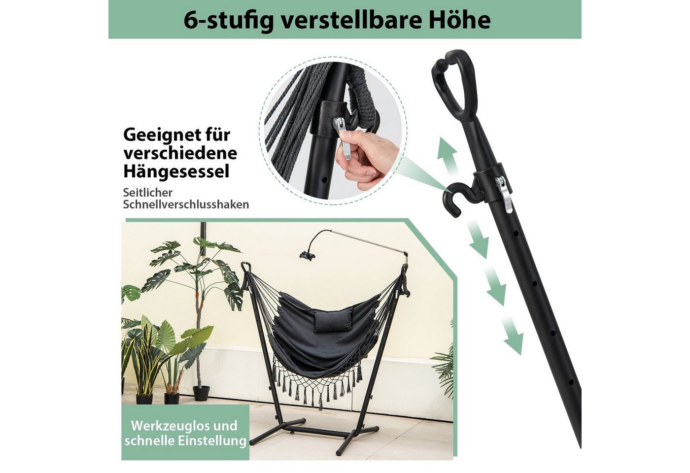 COSTWAY Hängesessel Hängestuhl mit Gestell, 6-stufig verstellbar – Bild 2 von 5