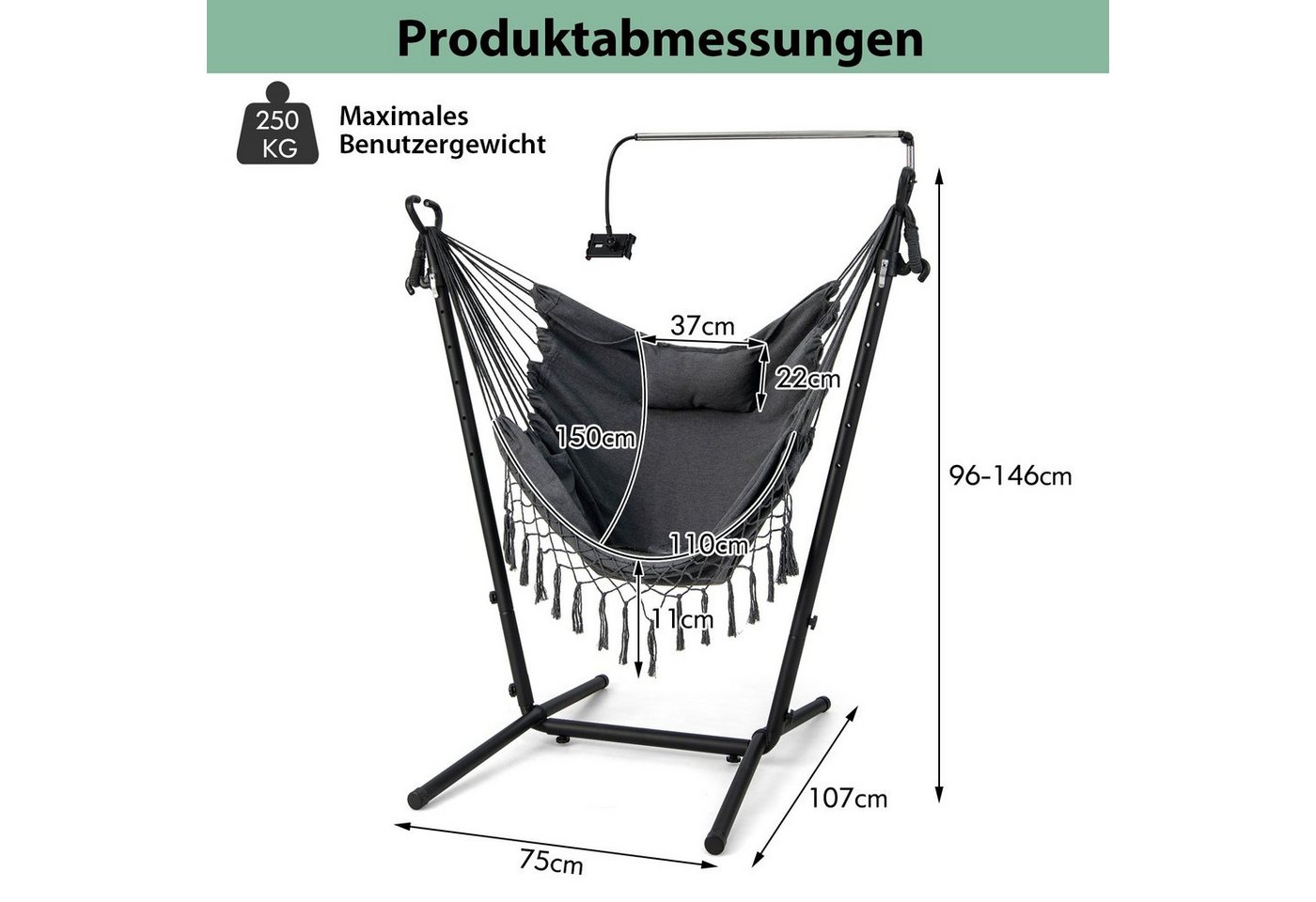 COSTWAY Hängesessel Hängestuhl mit Gestell, 6-stufig verstellbar – Bild 4 von 5