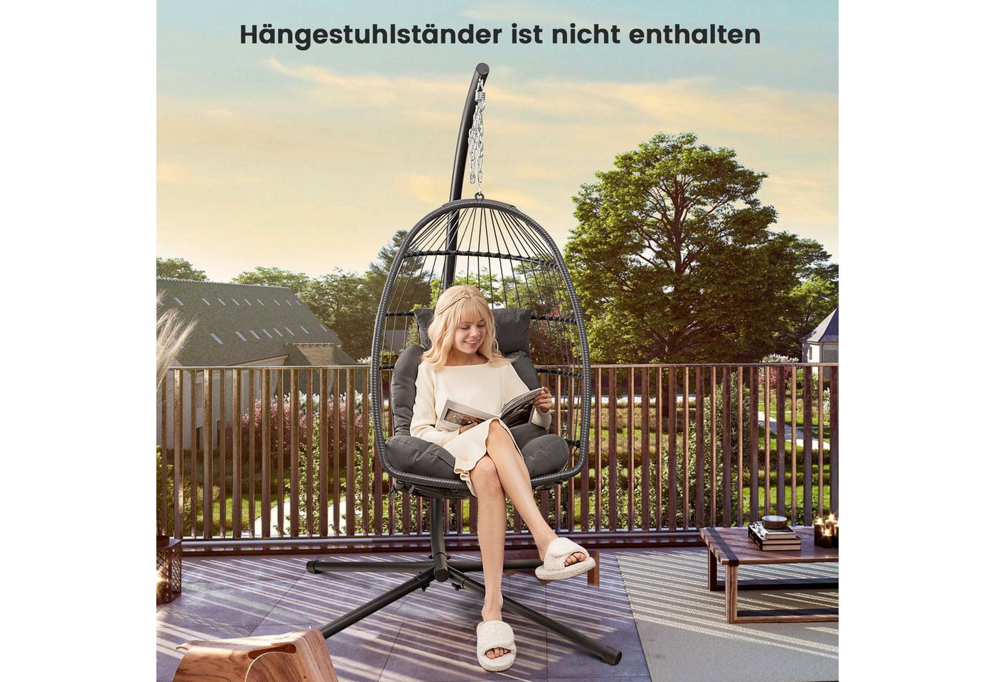COSTWAY Hängesessel, faltbarer Hängekorb mit Kissen, PE Rattan – Bild 2 von 5