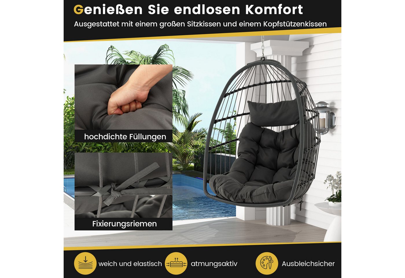 COSTWAY Hängesessel, faltbarer Hängekorb mit Kissen, PE Rattan – Bild 3 von 5