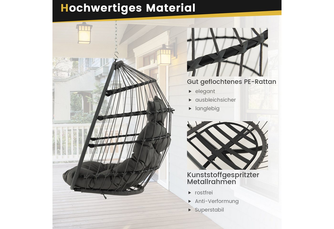 COSTWAY Hängesessel, faltbarer Hängekorb mit Kissen, PE Rattan – Bild 4 von 5