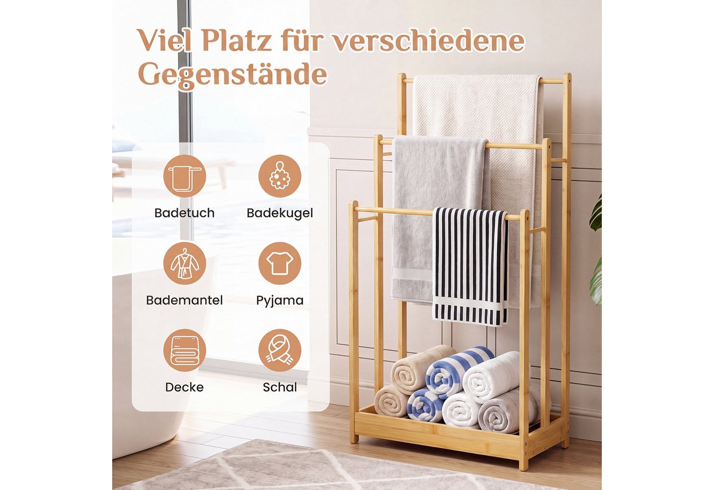 COSTWAY Handtuchhalter, Handtuchständer stehend Holz mit 3 Handtuchstangen – Bild 3 von 5