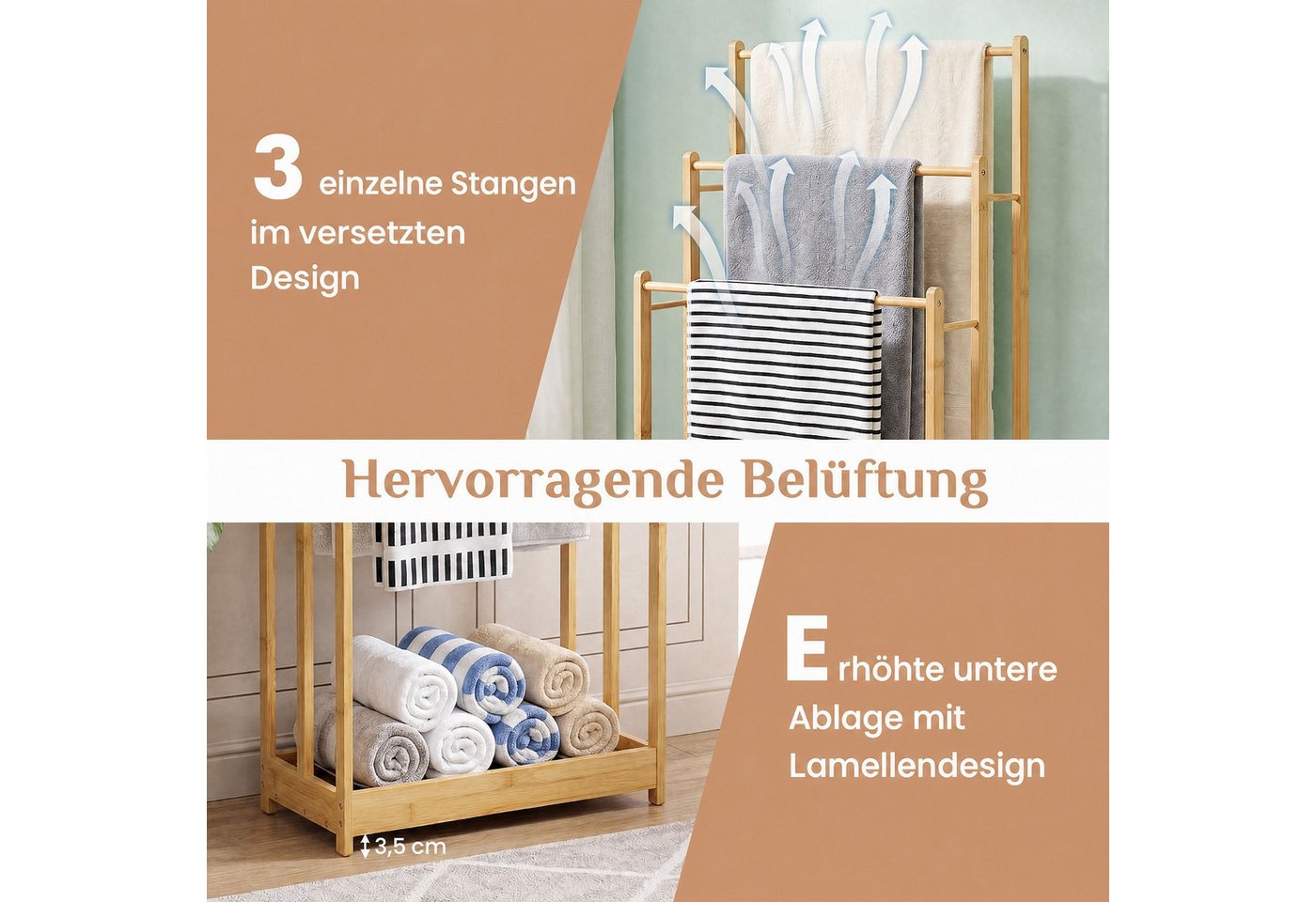COSTWAY Handtuchhalter, Handtuchständer stehend Holz mit 3 Handtuchstangen – Bild 4 von 5
