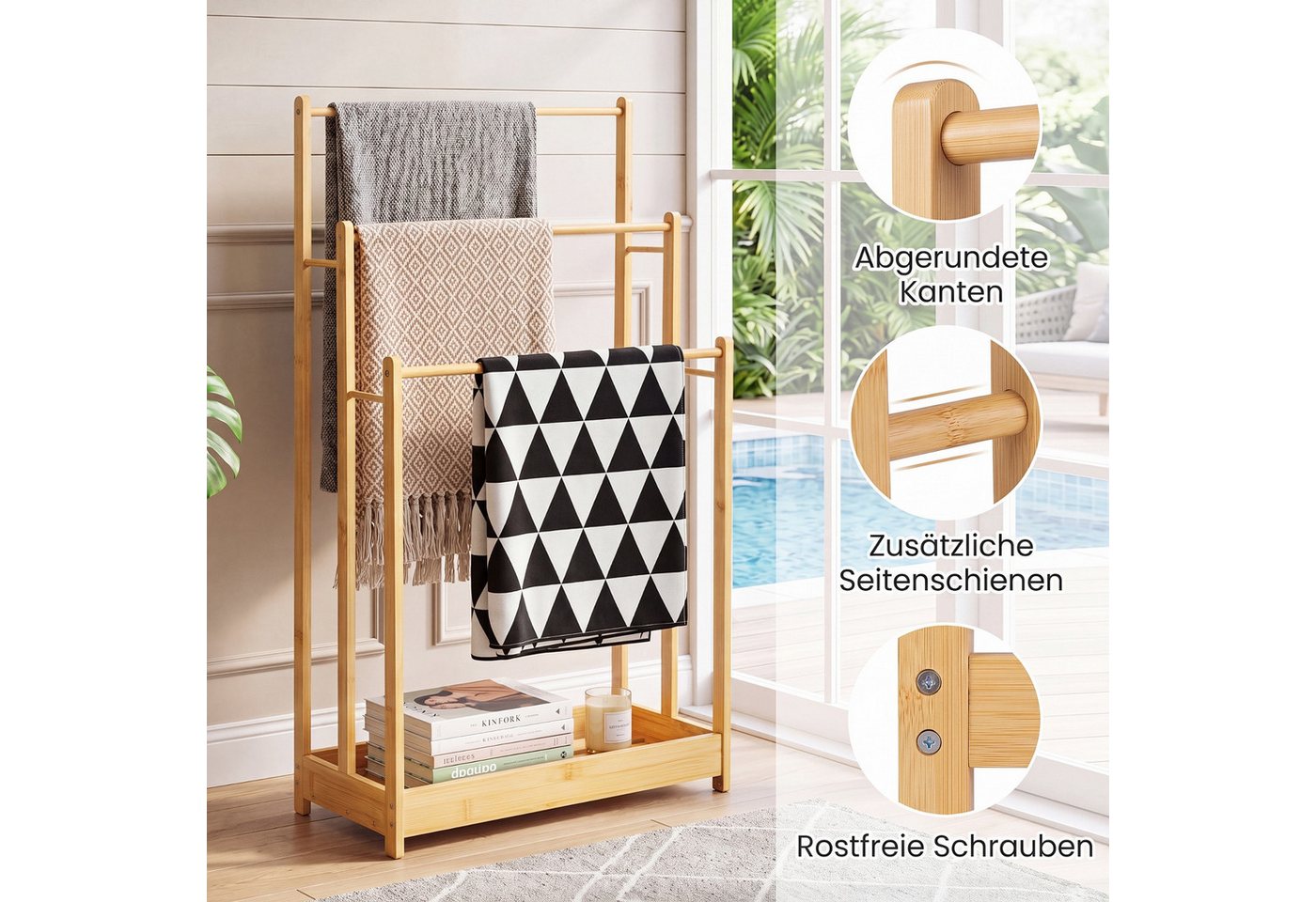 COSTWAY Handtuchhalter, Handtuchständer stehend Holz mit 3 Handtuchstangen – Bild 5 von 5