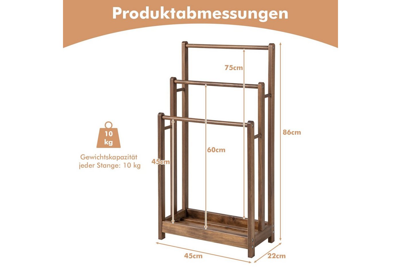 COSTWAY Handtuchständer, mit 3 Stangen & Ablagefach, Holz, 45x22x86 cm – Bild 2 von 5