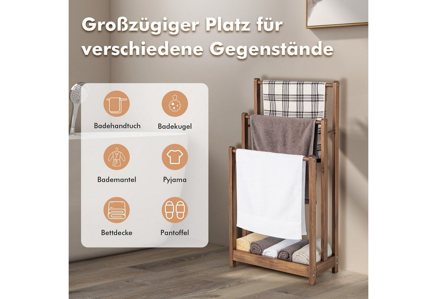 COSTWAY Handtuchständer, mit 3 Stangen & Ablagefach, Holz, 45x22x86 cm – Bild 3 von 5