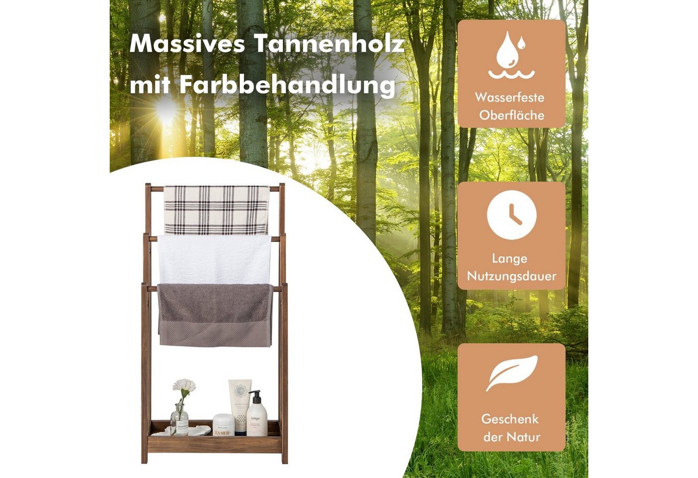 COSTWAY Handtuchständer, mit 3 Stangen & Ablagefach, Holz, 45x22x86 cm – Bild 4 von 5