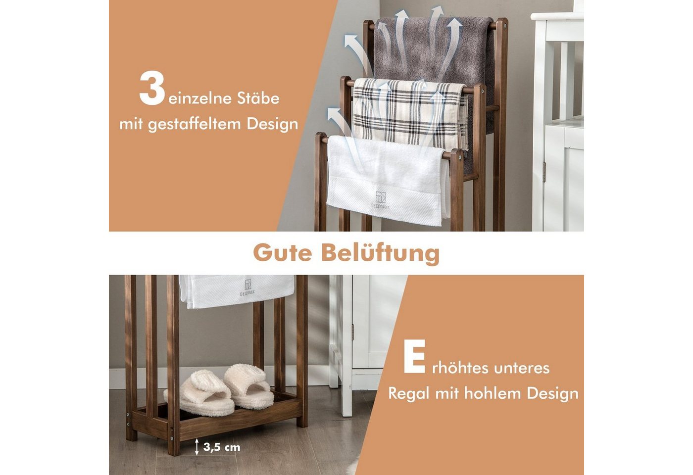 COSTWAY Handtuchständer, mit 3 Stangen & Ablagefach, Holz, 45x22x86 cm – Bild 5 von 5