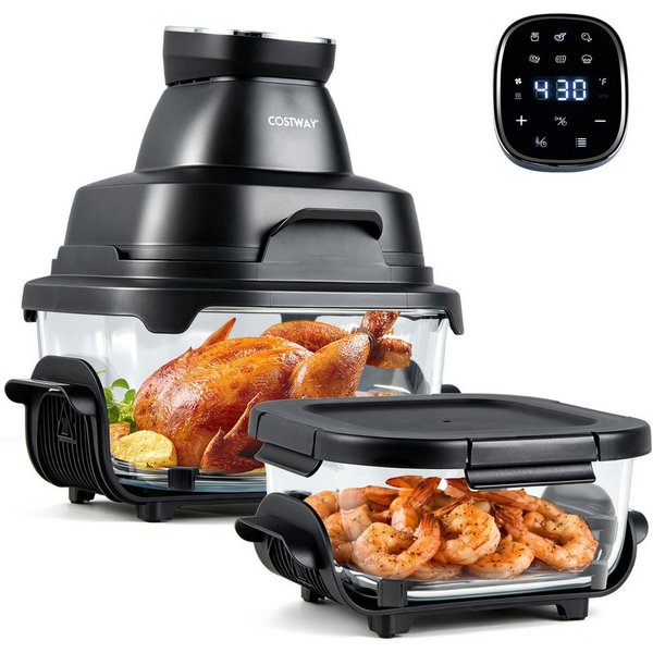 COSTWAY Heißluftfritteuse, 1500 W, Airfryer mit 4 L/1,7 L Glasbehälter, Deckel