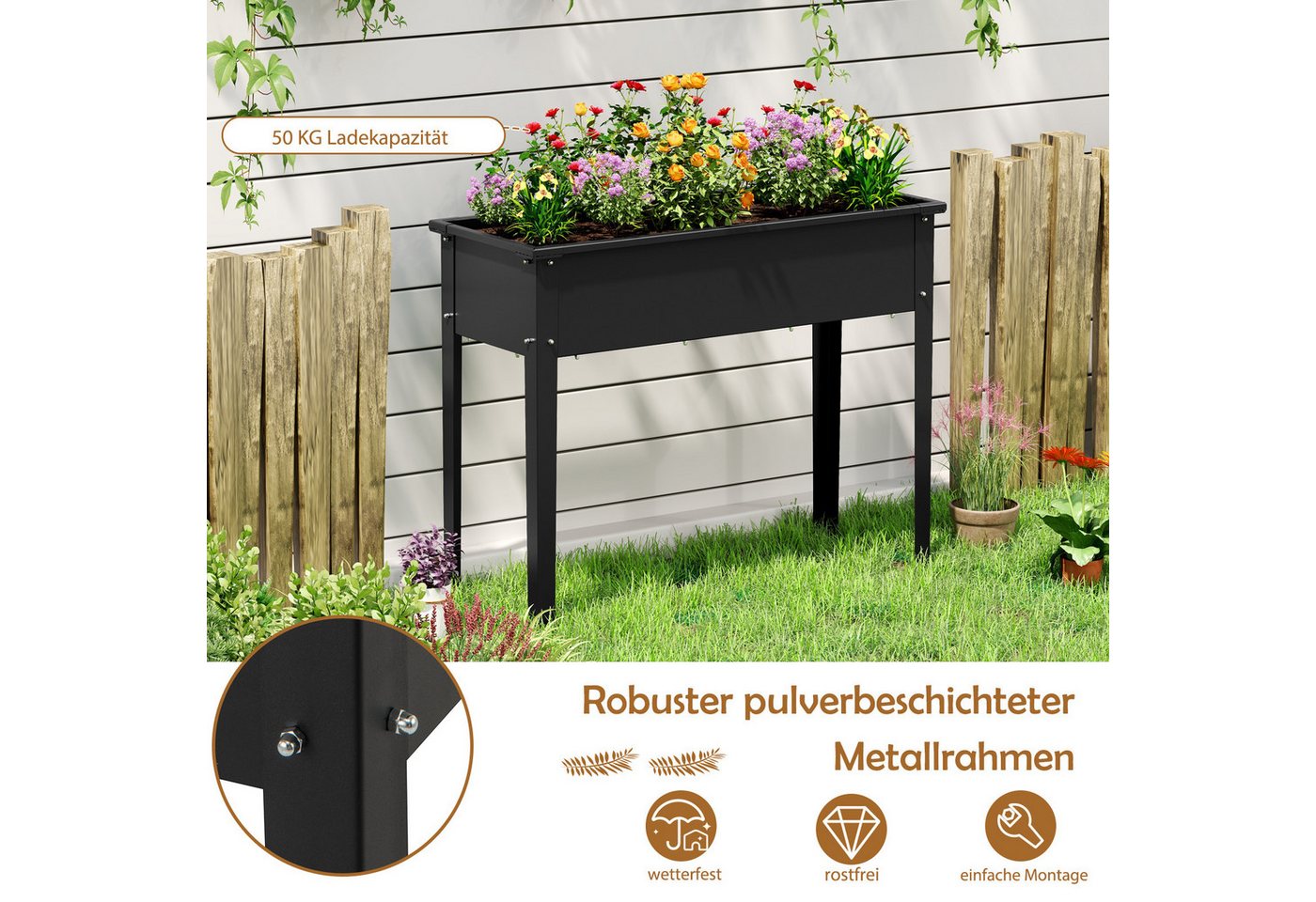 COSTWAY Hochbeet (1 St), Blumenkasten, erhöhtes Gartenbeet, Metall, 100x40x80cm – Bild 3 von 5