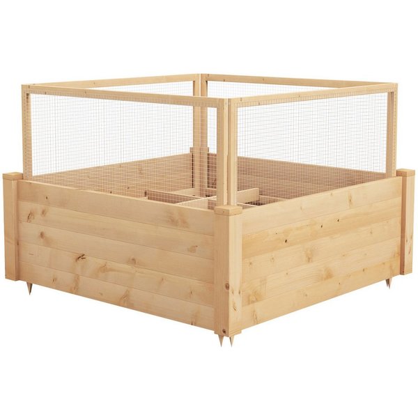 COSTWAY Hochbeet, mit 4-seitigem Schutzzaun, 9 Pflanzflächen, 107x107x70cm